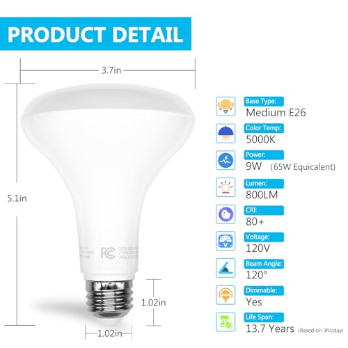 Image of DAYBETTER BR30 LED Light Bulbs Indoor Flood Light, 6Pack 5000K Daylight White LED Bulb 65W Equivalent, Dimmable, E26 Base, 800LM, Recessed Can Bulb for Living Room Bedroom Dining Room Bathroom