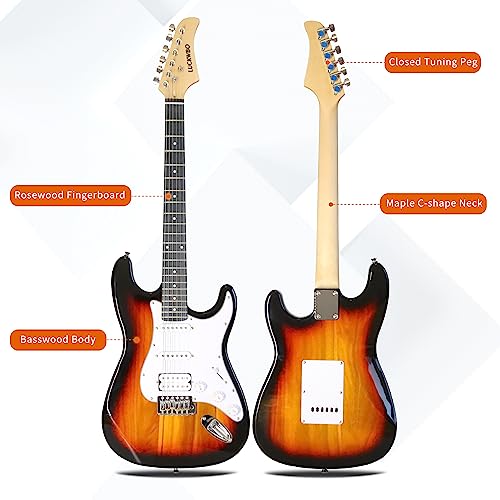 LUCKWBQ 39in Full Size Electric Guitar Beginners Kit,Electric Guitar Starter Kit,Sunburst w/Aceesccories, Bag, Picks, Strap, 6 Strings, Tremolo Arm - Guitarra Electrica for Starters, Adults, Travel