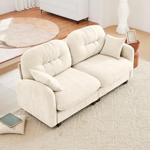 Image of KEIKI 74 inch Oversized Chenille Modular Sectional Loveseat Sofa with High-Density Foam Cushions and Tufted Pleated Cushion Backrest, Upholstered 2-Seater Cloud Couch with 2 Pillow, for Living Room, Beige