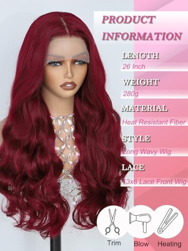 Barbique 99J Burgundy Lace Front Wig for Women, 26 Inch Long Wavy Synthetic Wig, 13x6 HD Lace, Pre Plucked Hairline, Natural Density, Heat Resistant Fiber Suitable for Daily Party Wear — view 2