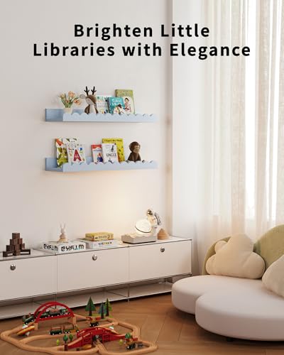 Shario (シャリオ) 保育園 ブックシェルフ 4個パック ホワイト フローティングシェルフ 壁用 子供用 スカラップシェルフ 寝室/子供部屋 幼児部屋 ベビールーム/保育園の装飾用 (ブルー、16.5インチ)