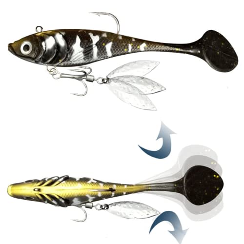 DAMIDEL 4 Pcs Large Simulation Bass Perch Fishing Lures Bait Kit, 5.5in/ 45g,jig Head Hook/Treble Hooks with Spinner Blades,3D Holographic Eyes，Built-in Lead ，Stable and Tempting - Thumbnail 3