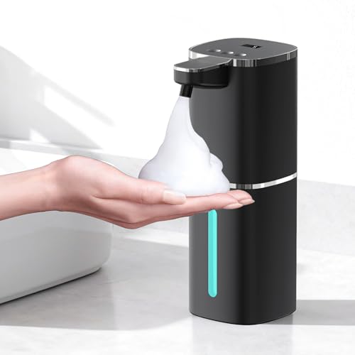 Seifenspender Automatisch Wandbefestigung 400ml Elektrischer Schaumseifenspender mit Sensor, 9-Stufig Einstellbar, Display, USB Wiederaufladbarer Automatic Soap Dispenser für Bad Küche Büro, Schwarz 1