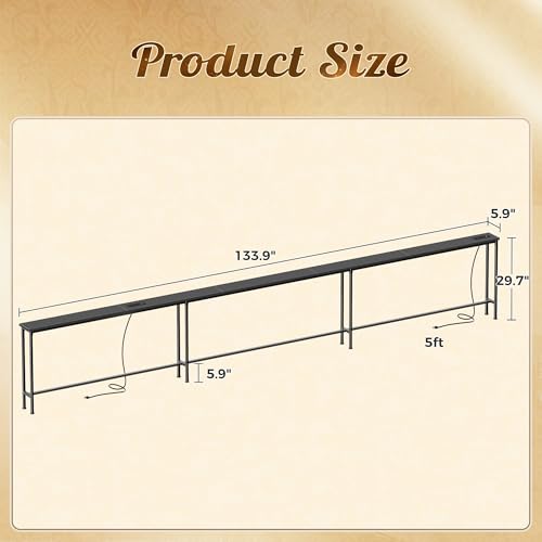 Image of Huuger 133.9 Inch Sofa Table with Power Outlets, Skinny Behind Couch Table | 5.9 Inch Narrow Entryway Table, Extra-Long Console Table, Behind the Couch Table with Outlet for Living Room, Black