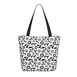 Bolso de mano negro y blanco para mujer - Bolso de mano ligero y reutilizable de lona con cremallera, correa de algodón para bolsas de comestibles, bolsas de compras