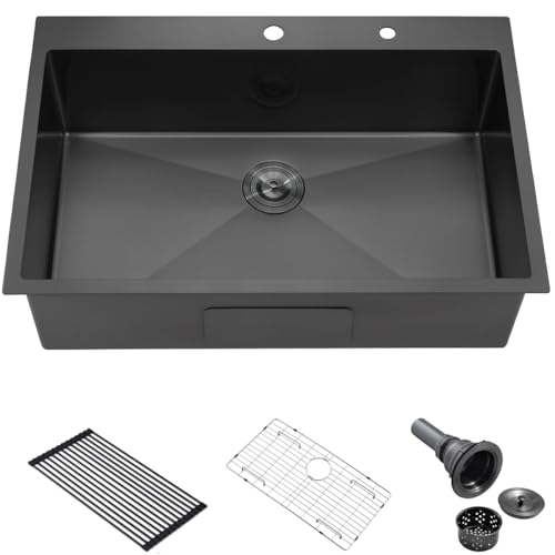 33 Black Drop in Kitchen Sink, Luckyhorse 33x22 Inches 16 Gauge Nano Black Stainless Steel Topmount Single Bowl Kitchen Sink LH003S by Lucky horse - Used condition - Image 9