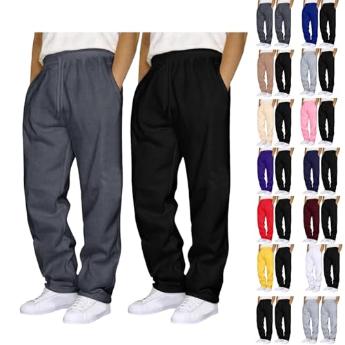 Image of Pack of 2 Men's Joggers Mens Jogging Sweatpants with Drawstring Solid Tracksuits Bottoms Straight Wide Leg Casual Trousers for Mens UK Gym Sports Activewear Lounge Pants Soft Baggy Trouser