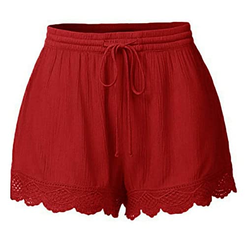 Womens Shorts Athletic, Jean Shorts Womens Ripped, Jean Shorts Womens Ripped, Womens Lace Casual Loose Elastic Drawstring Shorts Hollow Out Shorts Ruffle Trim Summer Shorts Red #TOP18