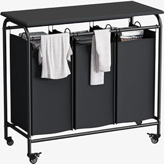 LINZINAR 3 Bag Laundry Basket Sorter Heavy Duty Rolling Lockable Wheels Laundry Hamper Cart with Ironing Board and Removable Bags, Black