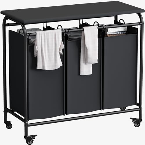 LINZINAR 3 Bag Laundry Basket Sorter Heavy Duty Rolling Lockable Wheels Laundry Hamper Cart with Ironing Board and Removable Bags, Black