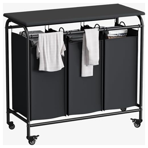 LINZINAR 3-Bag Laundry Sorter Heavy Duty Rolling Lockable Wheels Laundry Hamper Cart with Ironing Board and Removable Bags, Black