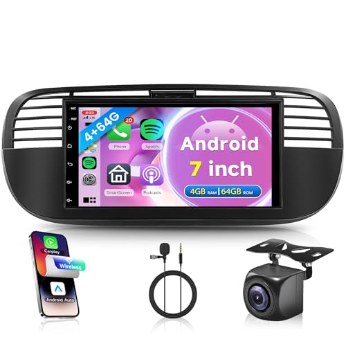 4G+64G for Fiat 500 2007-2015 Android Car Radio Wireless Carplay Android Auto, 7 Inch Android Touchscreen Car Radio FM RDS GPS WiFi Bluetooth Mirror Link Backup Camera