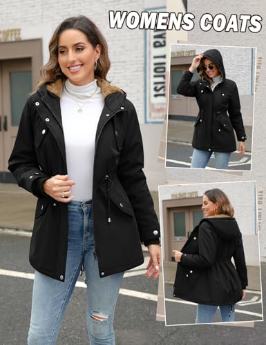 Nadeer Mantel Damen Winterjacke Lang Parka Gefüttert Wintermantel Wasserdicht mit Kapuze Warm Winterparka(Schwarz,L)