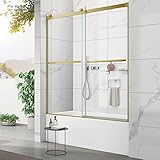 Sunrosa Semi-Frameless Glass Shower Door 58-7/8"×60", Bypass Sliding Shower Door with Towel Bar, Bat
