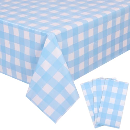 Image of Kesfey 3 Packs Light Blue Gingham Tablecloth Pale Blue and White Checkered Tablecloths 54 x 108 Inches Disposable Plastic Gingham Tablecovers Waterproof Rectangle Picnic Table Cover for Birthday Party
