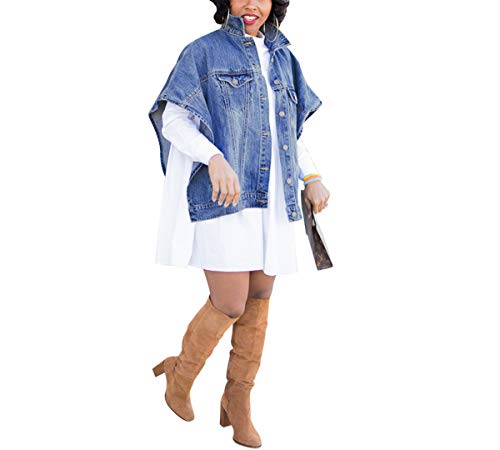 Womens Casual Plus Size Short Sleeve Button Down Cycling Biker Outwear Vests Cape Coats Destroyed Bf Denim Jeans Washed Punk Style Jackets Blue M #TOP1