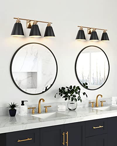 Image of 23-Inch 3-Light Black and Gold Farmhouse Bathroom Vanity Light | Metal shades, white interiors, 3 E26 sockets (60W max, no bulbs), dimmable, ETL listed, hardware, for mirror & bedroom