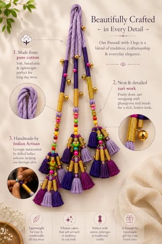 Image of Zippy Flora Handmade Kalee Boho Cotton Parandi | Traditional Hair Accessory with Tassles & Ghoonghru | Hair Extension|Choti |Women's Patiala Shahi Paranda | Kalee Parandi (Purple) | 22 Inches Length