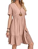 WROLEM Women's Summer Dresses Casual Midi Swing Short Sleeve V Neck Tiered A Line Flowy Beach Dress Sundress 2024 Pink, Small