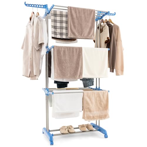 COSTWAY Airer Clothes Drying Rack, 4-Tier Foldable Clothes Airer Laundry Dryer Hanger with Wings and Casters, Large Rolling Clothes Horse Garment Laundry Racks Stand for Indoor Outdoor (Blue+Sliver)