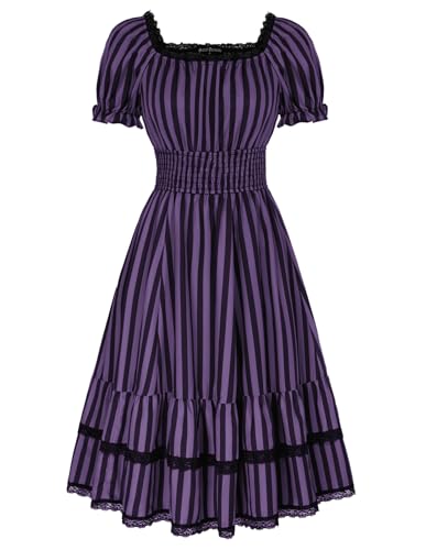 SCARLET DARKNESS Damen Renaissance Spitzenkleid Schulterfrei Hohe Taille Festlich Milkmaid Kleid Lila Schwarz XXL