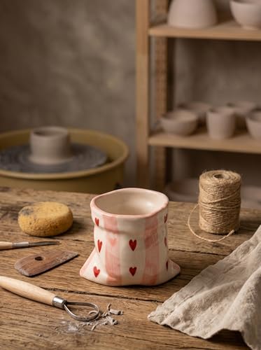 Image of Handmade Heart Print Ceramic Pouch Coffee Mug - Aesthetic Pink Striped Tea Cup for Coffee Milk Espresso, Cute Pottery Style Designer Mug for Women Girls Home Cafe Use