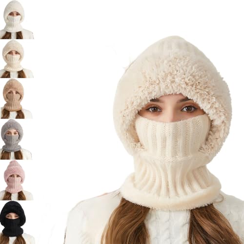 Averageon 3 in 1 Beanie Hat for Women, One Piece Fleece Lined Knit Balaclavas Mask Set Women's Knitted Hat (Beige)