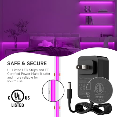 Image of BTF-LIGHTING Purple Color COB LED Strip Light, UL Listed High Density Flexible Tape Light with RF Remote & ETL Power Adapter, DC24V 16.4FT Ultra Bright Light for Cabinet Kitchen Home Indoor Lighting