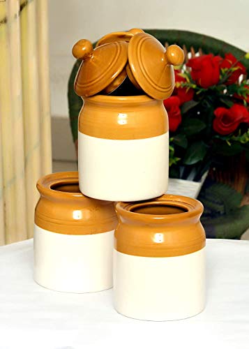 THE HIMALAYA CRAFT Ceramic 300 Ml Pickle Jar Set Of 3. Container For Kitchen Storage, Jars Set For Dining Table. (3) Set Of 3, Brown