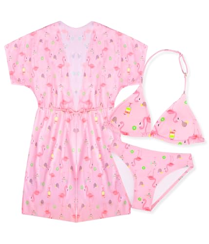 POWER FLOWER Set Bikini 3 Pezzi per Ragazze con Copricostume per Nuoto, Costume da Bagno Due Pezzi con Copricostume per Ragazze 4-16 Ann (10-12 Years, LA583-Pink)