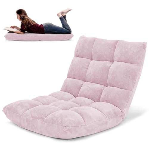 Image of COSTWAY Floor Chair, Video Gaming Chairs with Back Support, Adjustable 14-Position, Alloy Steel Frame, Soft Coral Fleece, Lazy Sofa Lounge for Reading Living Room Recliner for Adults Kids (Light Pink)