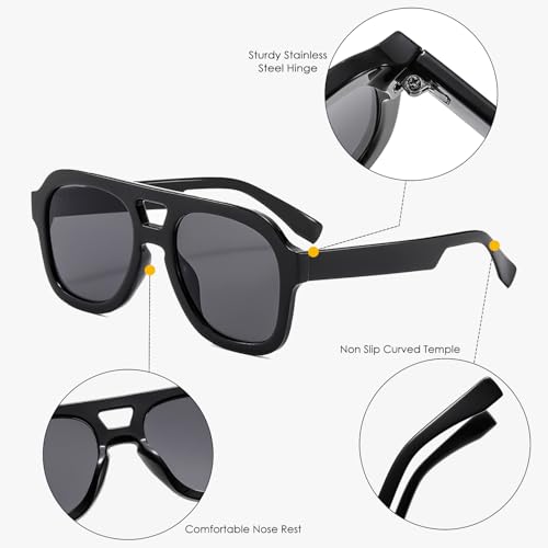 Long Keeper Retro Pilot Sunglasses Double Bridge Women Men Aviation Square Sun Glasses Thick Frame 70s Vintage Shades UV4004