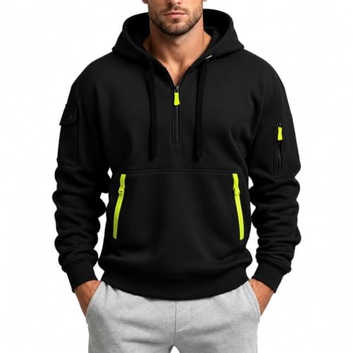 Image of Innfttwo Men's Hoodies Fleece Casual Pullover Hooded Sweatshirt Long Sleeve Hoodies for Men UK Quarter Zip with Pocket,Black,S