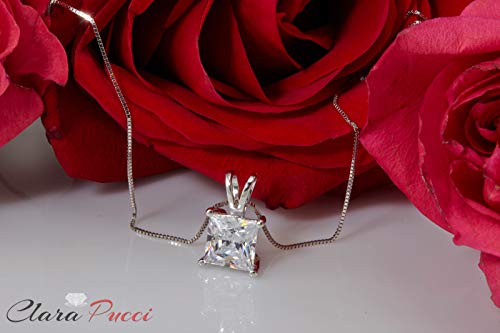 Clara Pucci 3.0 Ct Brilliant Princess Cut Stunning Genuine Flawless Moissanite Gemstone Solitaire Pendant Necklace With 16" Gold Chain Box Solid 18K White Gold #TOP3
