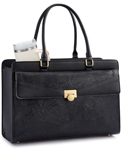 Image of LOVEVOOK Laptop Tote Bag for Women, PU Leather Work Bag, Teacher Tote | with Large Cup Holder, Waterproof Vintage Briefcase for Business Travel & Commute, Magnetic Snap, Padded Laptop Pocket