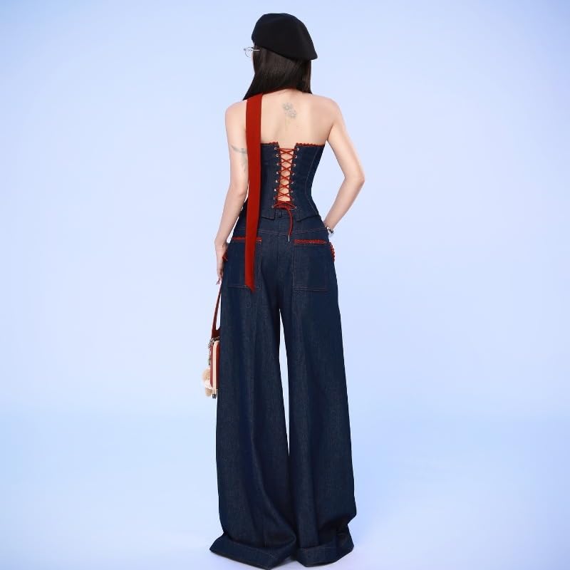 Women's personalized denim strapless vest, women's loose wide leg pants set4