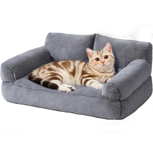 FURMORENE Cat Beds for Indoor Cats, Cat Couch Bed, Cute Cats Sofas for Pets, Small Dog Sofas & Chairs with Removable Washable Cover, Plush Soft Pet Furniture for 10lbs Small Dogs & Cats(Light Grey)