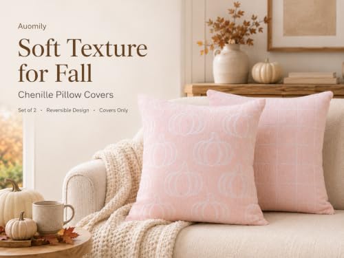 Image of Soft Pink Chenille Fall Pillow Covers 18x18 Set of 2, Double-Sided Pumpkin & Plaid, Thick & Cozy Farmhouse Autumn Decorative Cushion Covers for Couch Sofa Bed(Pink,18x18)