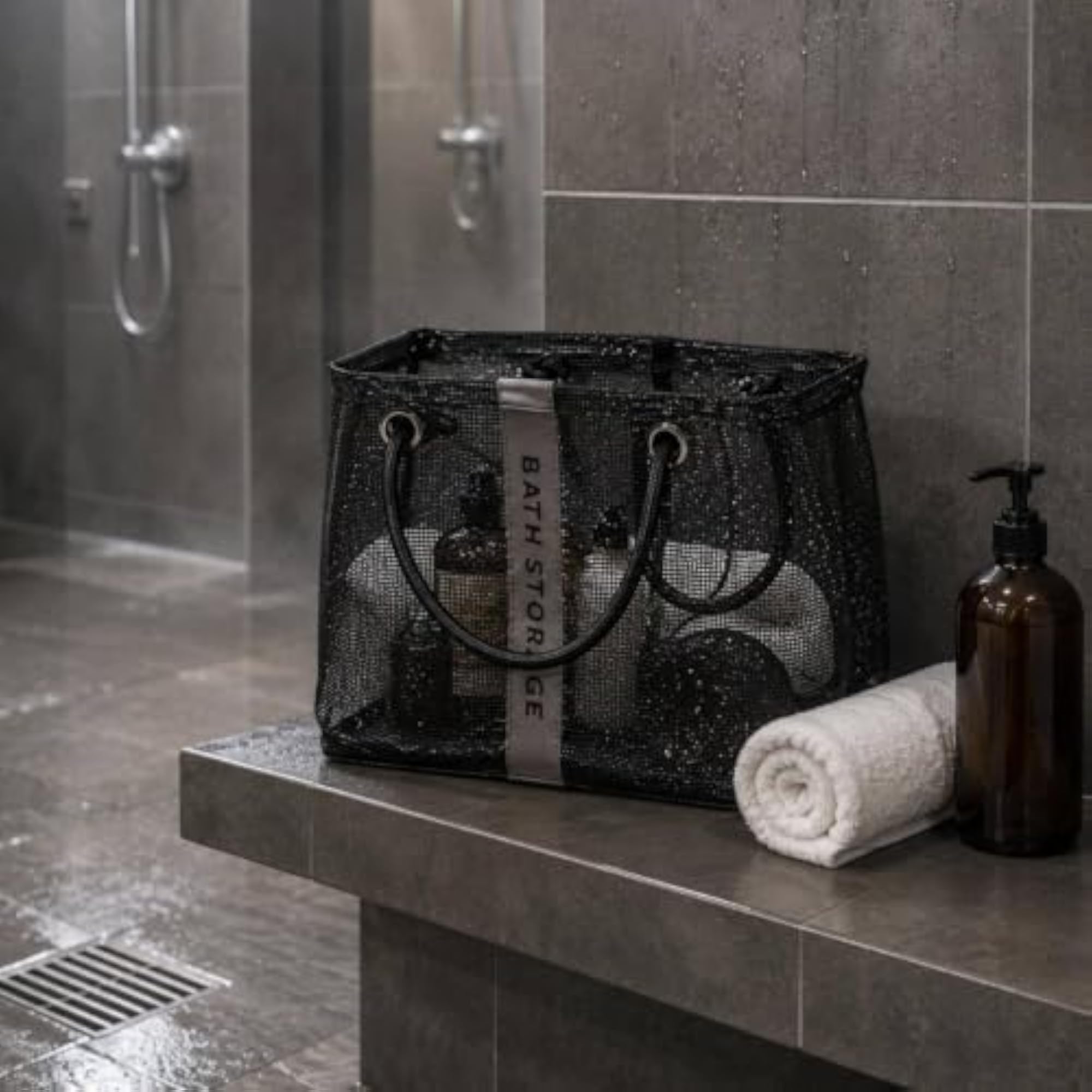 Rope Handles Mesh Bath Tote, Rectangular Portable Shower Carrier, Gray