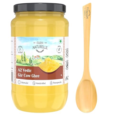 Image of Farm Naturelle-A2 Desi Cow Ghee from Grass Fed Gir Cows | Vedic Bilona Method-Curd Churned-Golden Ghee |Grainy & Aromatic, Keto Friendly, Lab Tested, Non-GMO Glass Jar-1000ml and a Wooden Spoon.