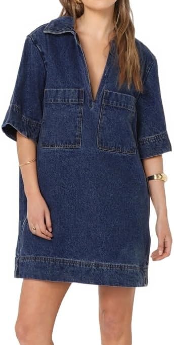 Women Blue Denim Dress Summer Deep V Half Sleeve Casual Loose Collared Shift Mini Jean Dress with Pocket