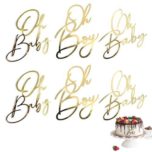 6 toppers Oh Baby Cake Topper,Babyparty Deko,Kuchen Topper Babyparty Tortendeko Gold Acryl,Boy or Girl Ducha Caketopper personalizado,Windeltorte Gender Reveal Partydeko KuchenTopper para Baby Shower