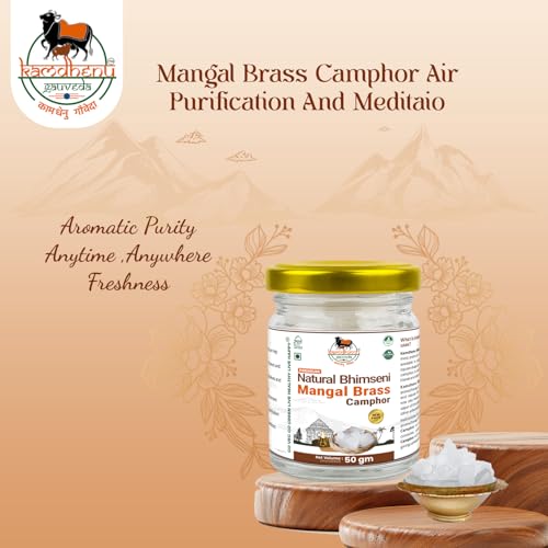 Image of Lab Tested Natural Bhimseni Mangal Brass Camphor | 100% Pure Organic Solid Kapoor for Electric Diffuser, Pooja, Havan, Aarti, Aromatherapy | Premium Glass Jar (50gm Pack of 1)