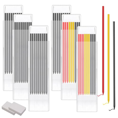URHRHU 54 Piezas Recambios de Lápiz 2.8mm Minas de Lápiz de Carpintero, Recargas de Lápiz de Construcción Minas de Lápiz Marcador de Agujero Profundo con 2 Gomas de Borrar para Carpintería Arquitecto