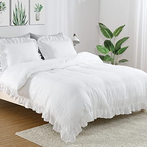 CAROMIO White Ruffle Duvet Cover Queen Size, 3PCS Soft Washed