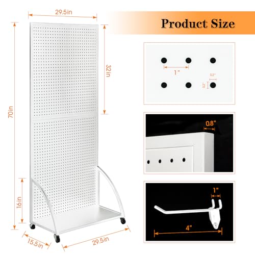 Eastern Tree 2.5'x 6' Metal Pegboard Display Stand with Base Plate, Standing Pegboard Display with Wheels, Peg Board Display Rack, Art Peg Board Panels Display Stand, Extra 20 pieces Hooks - White