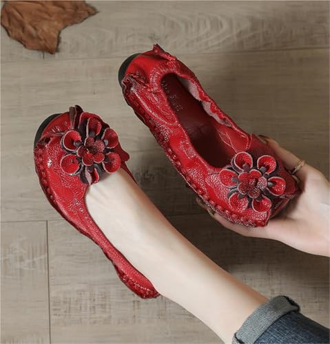 Flowers Loafers for Women's, Vintage Leather Lightweight Soft Sole Flat Shoes, Round Toe Slip on Non-Slip Mom Nurse Walking Shoes2