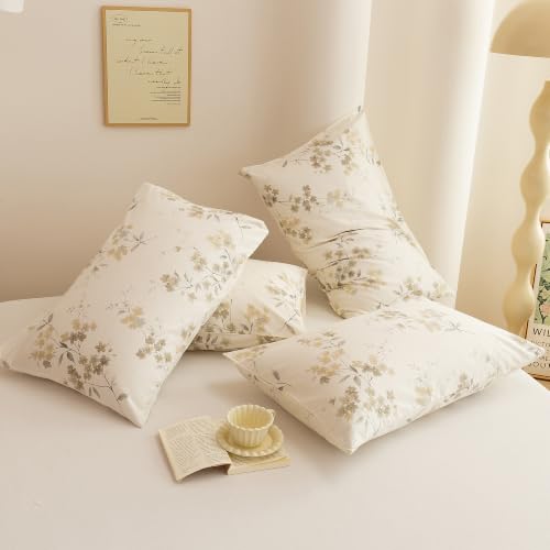 Image of ECOCOTT 4 Pack Pillowcase King Size with Vintage Wash Painting Floral Pillow Cases Set, 100% Cotton King Pillow Covers Envelope Closure (King, 20 inchx36 inch)