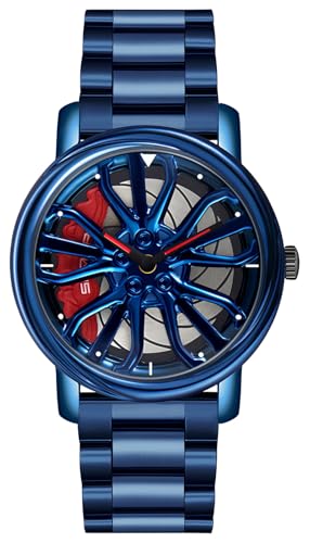 Gosasa Men's Racing Watches, Rotating, Car, Rim, Wheel Hub, Design, Sports Watches, Stainless Steel, Waterproof Watch, blue / red