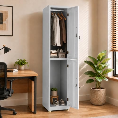 Image of Amazon Brand - Solimo 2 Door Steel Staff Locker Cabinet | Heavy Duty Lockable Storage Cupboard for Office Gym School Hostel Home | Powder Coated Metal Personal Storage Locker (Grey)